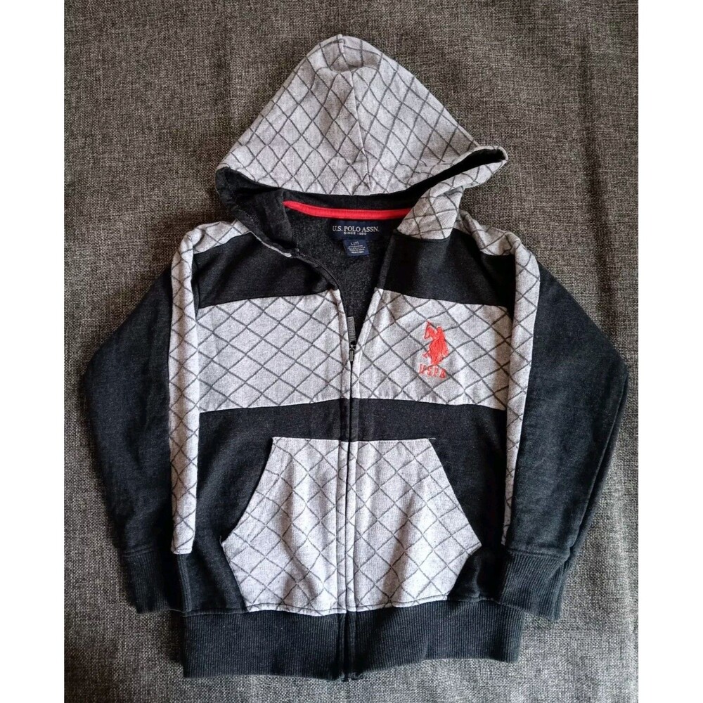 Sweater size 7 Boys US Polo Assn Black Gray Zip Hoodie Sweatshirt